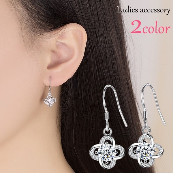 フックピアス レディース 女性 アクセサリー ファッション雑貨 花 フラワー ラインストーン シルバーカラー ホワイト パープル