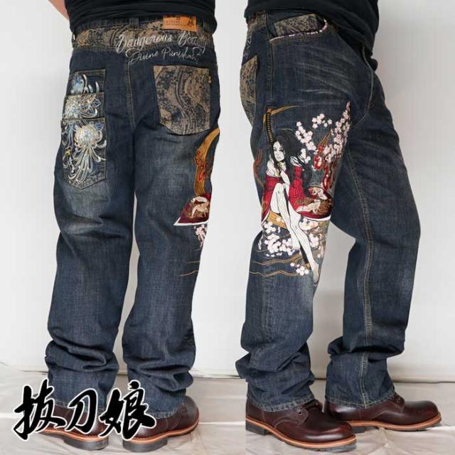 在庫一掃 抜刀娘 ﾊﾞｯﾄｳﾑｽﾒ 絡繰魂 和柄 ジーンズ デニム メンズ 総刺繍 妃那 3連ポケット 32 送料無料 激安ブランド Ecgroup Intl Com