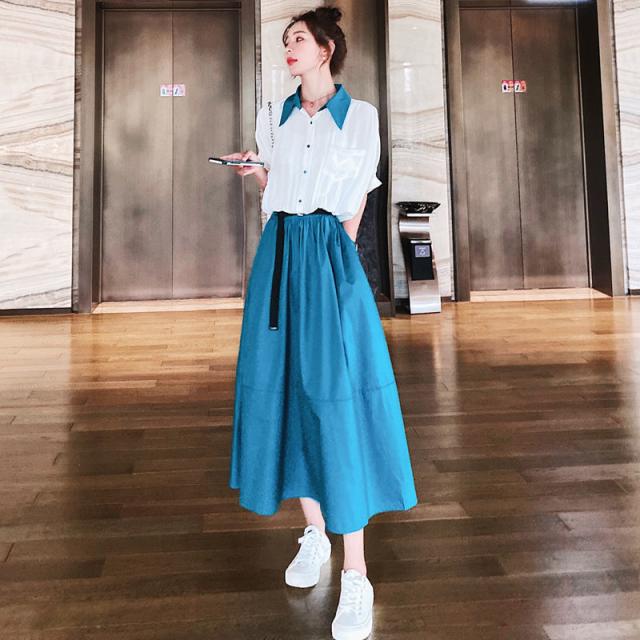 送料無料 発注品 バイカラー切替シャツワンピース ロングワンピース マキシ丈ワンピース フレアワンピース ロングスカート ブルー 長袖 の通販はau Pay マーケット Sobre ソブレ キャバドレス スーツ専門店 商品ロットナンバー