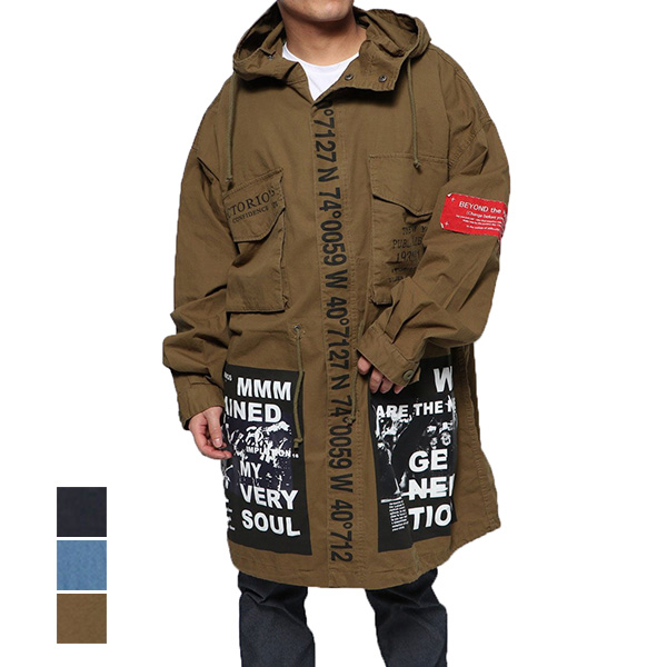 内祝い モッズコート メンズ ロング 黒 春 ミリタリーコート ビッグシルエット 薄手 デコレーション ロゴ フード付き アウター オリーブ ブラッ 楽天ランキング1位 Www Bayounyc Com