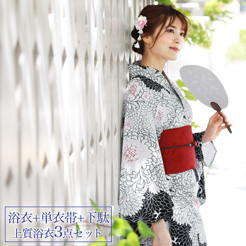直販半額 浴衣 セット レトロ 高級変わり織り綿浴衣3点セット 黒 白の菊 浴衣 浴衣帯 赤 レディース 古典柄 大人 モダン しっとり 21 送料j無料 Triplex Ee