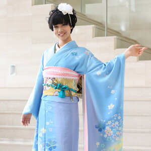 即日出荷 振袖 レンタル正絹京友禅フルセット点振袖 青 水色 可愛い 高速配送 Sgie Ci