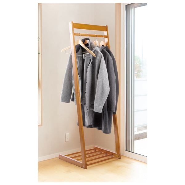 天然木 L型 ハンガーラック コートハンガー ブラウン 幅50cm 棚付き 木製 ロングコート可