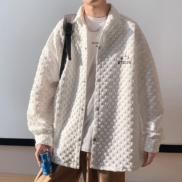 韓国 ファッション ゆったり 長袖シャツ ブロックチェック 凸凹生地 シャツジャケット ボタンダウン 病みかわいい シェア服 メンズ レデの