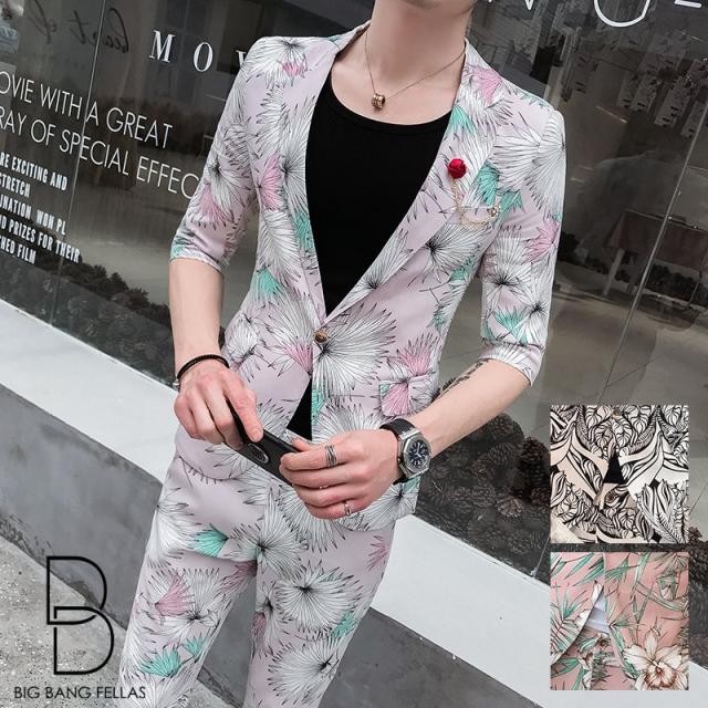 21福袋 セットアップ メンズ 夏物 サマースーツ スーツ メンズ オシャレ スリム 7分丈 5分袖 成人式 5分丈 2ピース タイト 花柄 ボタニカル セッ 正規取扱店 Asadtv Com