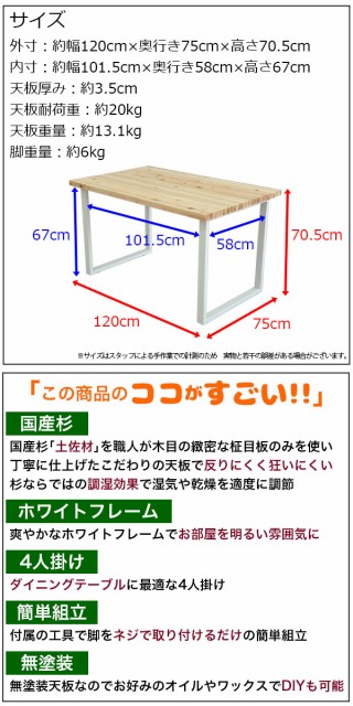 低価限定品 ダイニングテーブル 120幅 国産杉 天然木 無塗装(無垢材 杉集成材)ホワイトフレーム(ホワイト脚 アイアン脚 スチール)幅120cm 奥行き75cmの通販はau PAY マーケット - インテリアセレクトショップ 在庫お得