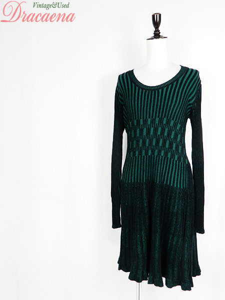 宅送 レディース 古着 ワンピース ニットワンピ リブニット フレア グリーン レトロ シック M位 古着 送料無料 Www Servblu Com