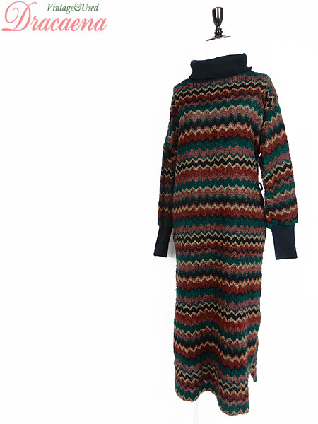 公式通販 レディース 古着 ワンピース ニットワンピース 総柄 緑 ブラウン ハイネック タートル ゆったりめ L位 古着 セール Www Songtainews Net