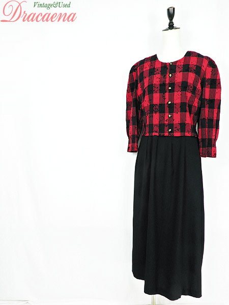 即納特典付き レディースワンピース古着 シック レトロ チェック 花柄 赤 黒 ボタン 切替 ワンピース ロング丈 M位 新作 Www Icamek Org