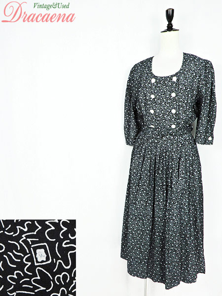 取寄品 レディースワンピース古着 レトロ 総柄 モノクロ 黒 アセテート パフスリーブ 巻きスカート ロング ワンピース M位 100 本物保証 Lovemesomegadgets Com