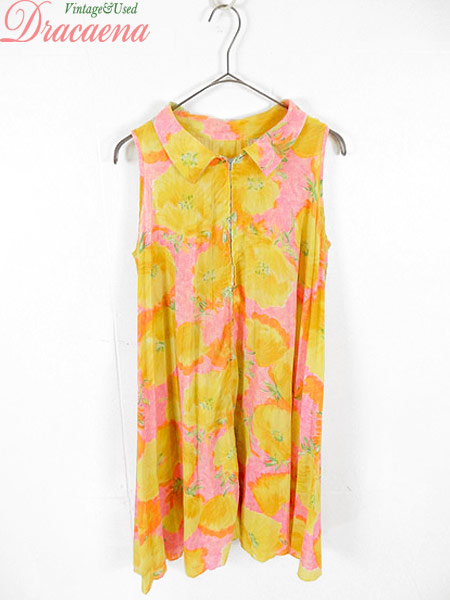 初回限定 古着 レディース ヴィンテージ ワンピース 60s 花柄 総柄 襟付き Aライン 片爪 ミドル丈 ノースリーブ ドレス 古着 最終値下 Viverdemusica Life