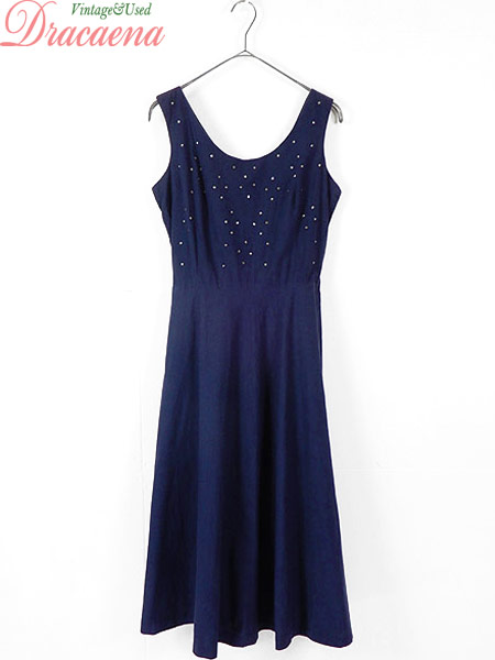 21年最新海外 古着 レディース ヴィンテージ ワンピース 50 60s ラインストーン ウエストリボン 片爪 ミドル丈 ノースリーブ ドレス 古着 ファイナルバーゲン Mawaredenergy Com