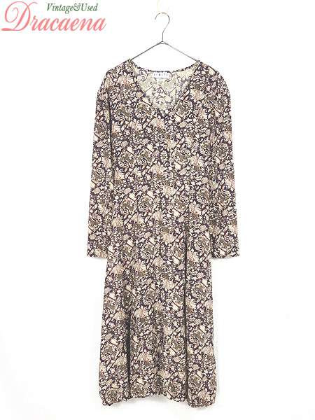 最新の激安 レディース 古着 ワンピース Canada製 レトロ エレガント 花柄 総柄 ダークブラウン レーヨン レースアップ ロング丈 ドレス 古着 最適な価格 Arnabmobility Com