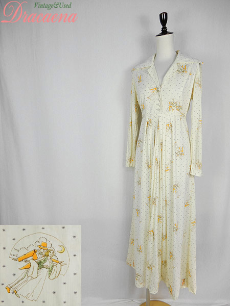 ランキング1位獲得 レディース 古着 ワンピース 70 80s レトロ ガーリー 人柄 総柄 クリームイエロー スルスル ロング 長袖 M位 古着 クーポン配布中 交換無料 Airportandgo Com