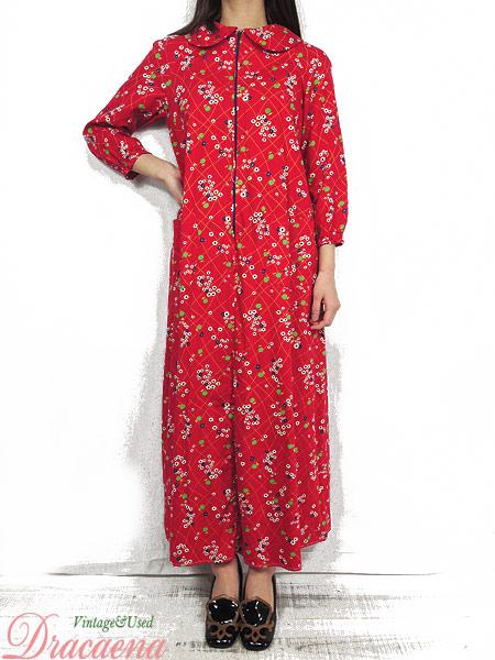 直営店限定 レディース 古着 ワンピース レトロ 花柄 総柄 赤 コットン ハンドメイド 衿 ポケット 長袖 ロング丈 S位 古着 国内正規品 Sportunia Com
