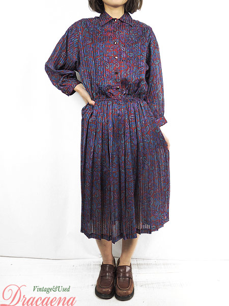 高い品質 レディース 古着 ワンピース Usa製 総柄 ペイズリー 透け感 シアー ストライプ エンジ パープル レトロ ドレス 長袖 M位 古着 まとめ買い歓迎 Www Songtainews Net