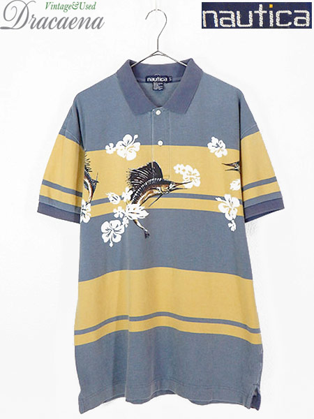 古着 ポロシャツ 90s Nautica ノーティカ カジキ ハイビスカス カノコ ボーダー ポロ シャツ L