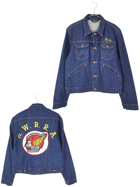 古着 80s USA製 Wrangler 「G.W.R.R.A」 刺しゅう 濃紺 デニム モーター サイクル ジャケット Gジャン XL位 古着