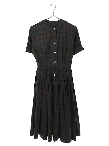 21公式店舗 レディース 古着 60s レトロ バンドカラー チェック柄 フレア 半袖 ミディアム丈 コットン ワンピース M位 古着 21年春夏再入荷 Elskaveda Com