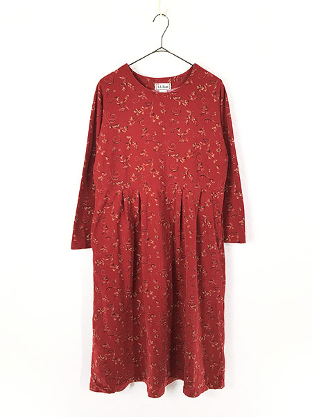 高い素材 レディース 古着 Ll Bean ビーン 木の実 総柄 コットン フランネル 長袖 ロング丈 ワンピース 赤 M 古着 安いそれに目立つ Diquinsa Com Mx