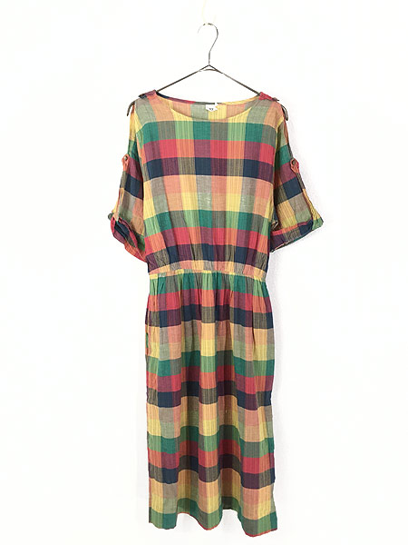 現金特価 レディース 古着 80s Italy製 Isabel パステル チェック ショルダー カット 半袖 ワンピース ドレス ミドル丈 M位 古着 クライマックスセール再値下げ Centrodeladultomayor Com Uy