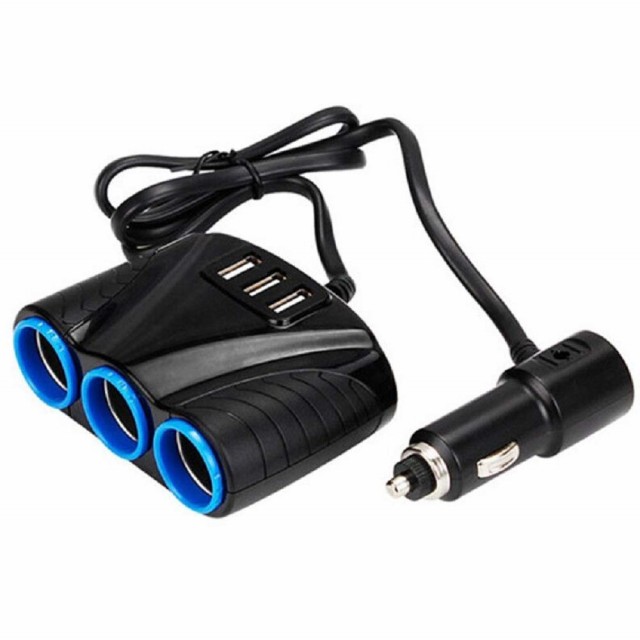3連シガーソケット 黑 USB2 充電器 スイッチ付き 増設 LED カー用品