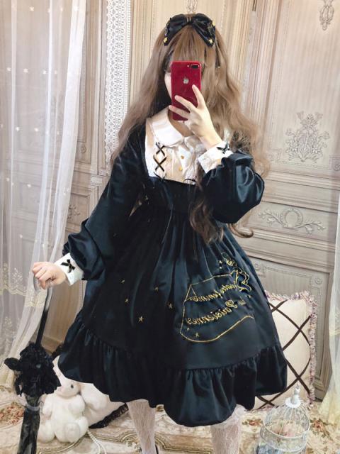 格安 ゴスロリワンピース Opドレス ボタン 全３色 フリル 童話モチーフ プリント星柄 長袖 ロリータワンピースドレス Saleアイテム Carlavista Com