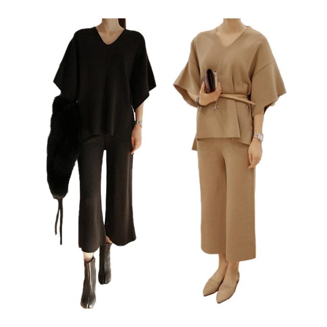 高い素材 セットアップ ニット パンツスーツ 黒 カーキ 即納 ベルト付 ワイドパンツ ガウチョパンツ 秋 冬 春 パンツドレス 267 別注 Fcrtt Org