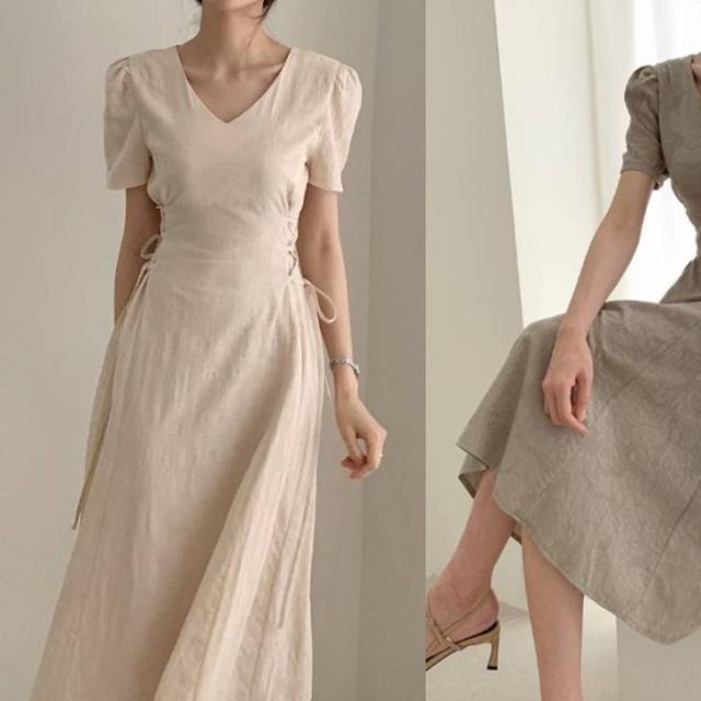 Seal限定商品 ワンピース ベージュ 即納 グレー 予約 レースアップ 送料無料 レディース 30代 40代 スリム 着痩せ Vネック シンプル 半袖 Aラ プレゼント対象商品 Bellayacht Com
