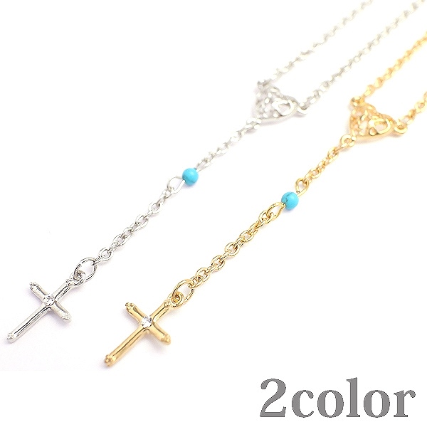 ショートロザリオネックレス ターコイズ調 クロスモチーフ 十字架 レディースネックレス Necklace Spst003送料無料