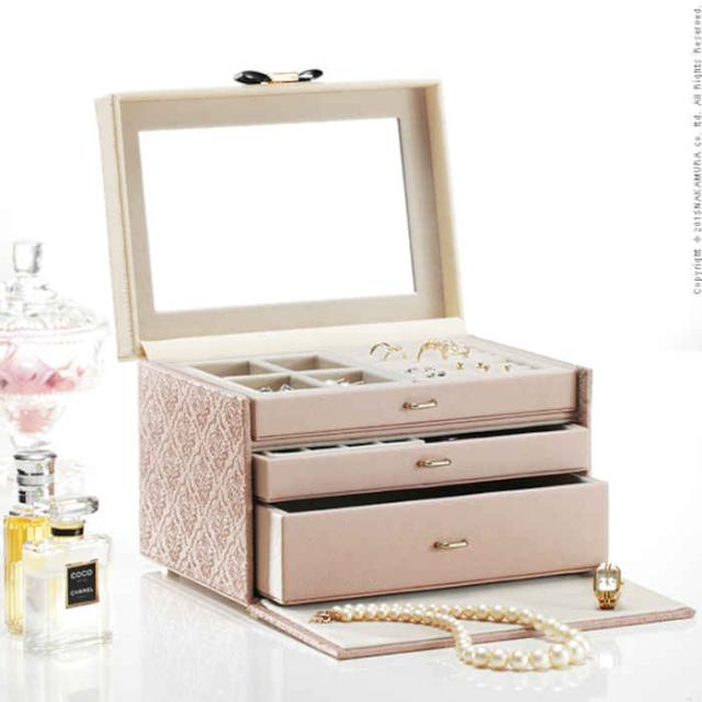 かわいい 小物入れ 3段収納 ミラー付き 鏡付き アクセサリーケース ジュエリーボックス 代引不可 北海道 沖縄 離島配送不可 引出し トレ 仕切り ジュエリーボックス