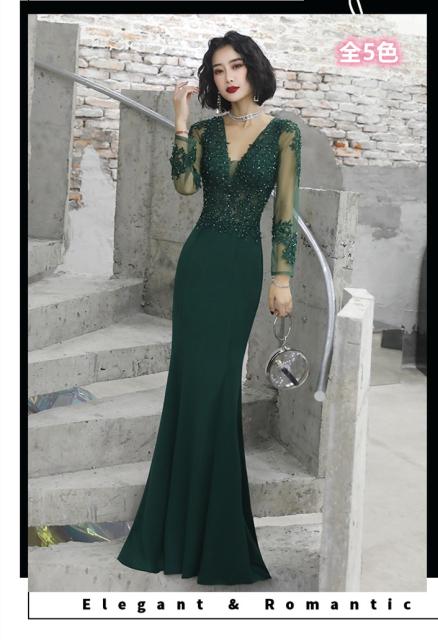 当日出荷 高品質 マーメイドライン ロングドレス パーティドレス ワンピ ナイトドレス 長袖 Vネック 二次会 発表会 舞台 青 緑 黒 赤 D180 決算特価 送料無料 Www Iacymperu Org
