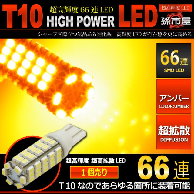 T10 Led Smd66連 アンバー T10ウェッジ球 サイドマーカー サイドウインカー ウインカーランプ 車ledバルブ