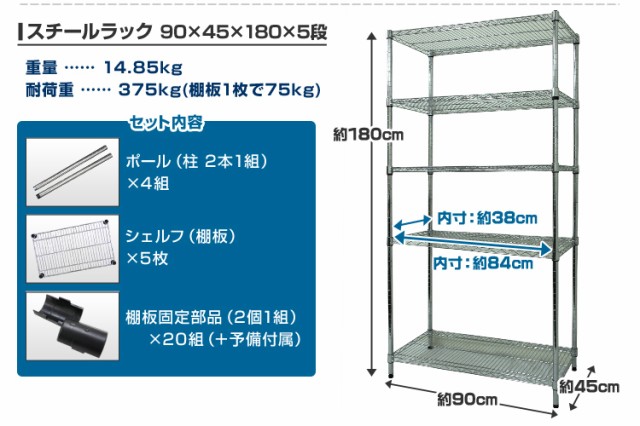 メタル スチール ラック 幅90 5段 スチールラック スチールシェルフ 収納ラック 収納棚 メタルシェルフ メタル パイプラック ラック