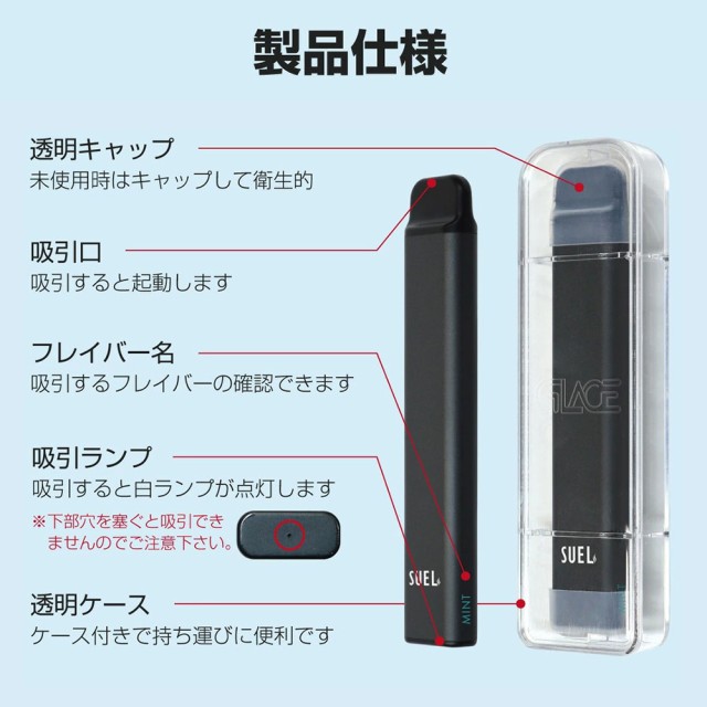 使い捨て電子タバコ SUEL（スエル） ゆうパケット送料無料 タール ゼロ ニコチン0 吸引回数1500回 日本初上陸 充電不要 フレーバー