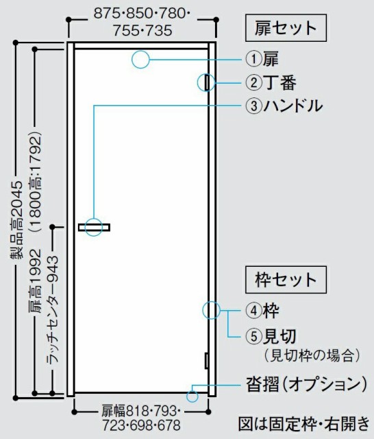 ハピア 片開きドア Y4デザイン 鍵なし 固定枠 工場 2000高 沓摺なし