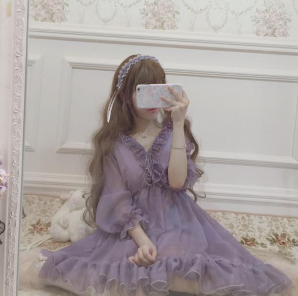 ワンピース 夏の洋服シフォンバブルスリーブコスプレいし衣装ワンピースロリータワンピース女の