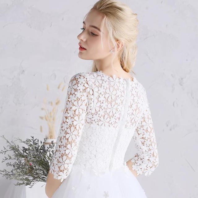 ウェディングドレス パーティードレス 花嫁 二次会 結婚式ドレス Aライン 高級 プリンセス 流行りのミモレ丈ドレス 花レース ワンピース