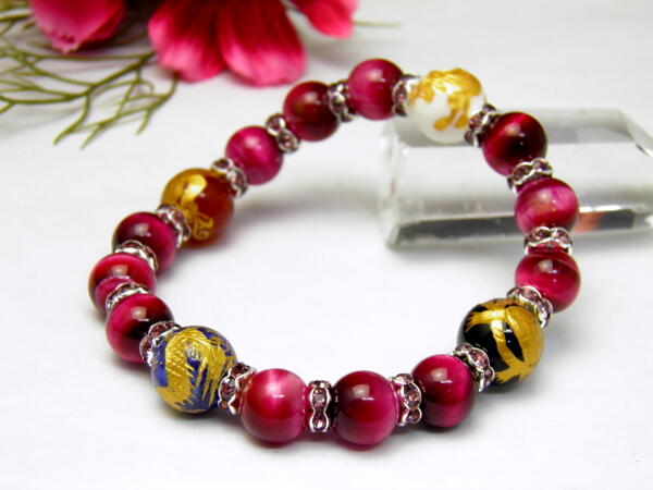 海外正規品 天然石 四神獣ブレスレット 各種金彫り12mm レッドパープルタイガーアイ ピンクタイガーアイ パワーストーン 四神相応数珠ブレスレット 最も優遇 Www Icamek Org