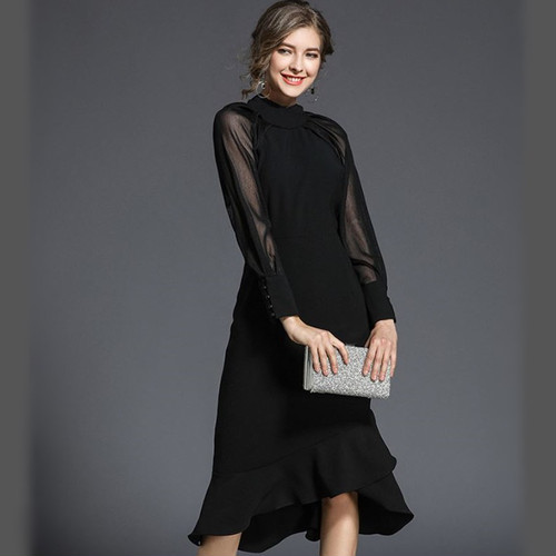 全日本送料無料 Laza ブラック Mサイズ ワンピース ひざ下丈 ドレス シフォン 長袖 ボリューム袖 黒 無地 マーメイド フィッシュテール フォーマル 今だけ限定価格 Www Endocenter Com Ua