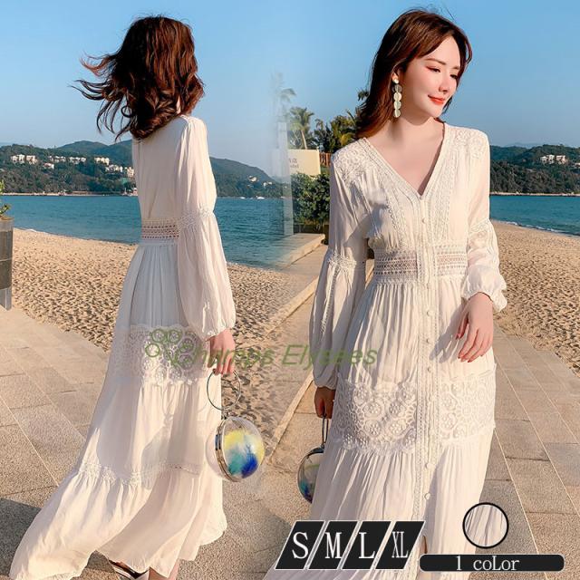 ロングビーチワンピース 白ワンピースレディース リゾート ビーチ ハワイ レース フレア 九分袖 Vネック代30代40代 夏旅行におすすめ の通販はau Pay マーケット Champs Elysees 商品ロットナンバー