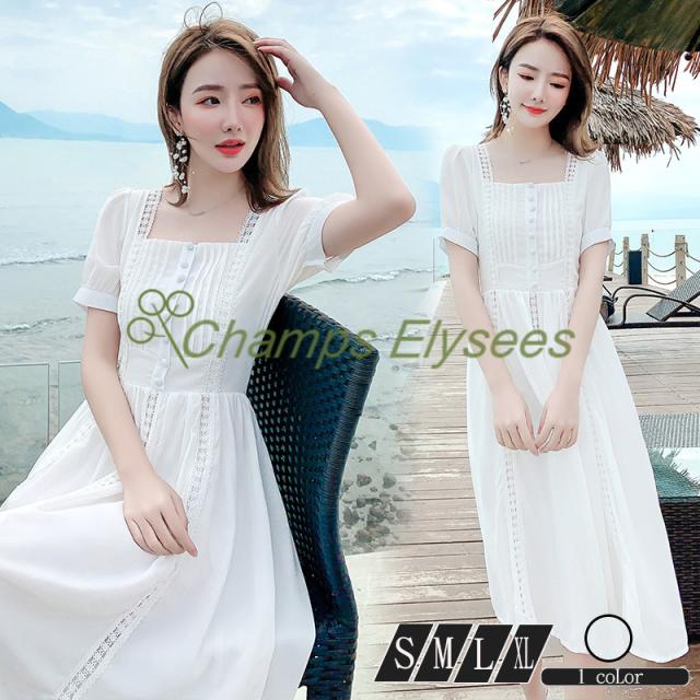 白ワンピース レディース ビーチワンピース 無地 リゾート ロングワンピース シフォン ドレス スクエアネック 半袖 森ガール 海 夏休み の通販はau Pay マーケット Champs Elysees 商品ロットナンバー