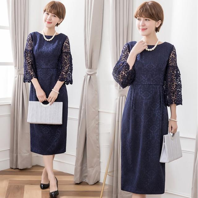 限定品 結婚式 服装 40代 女性 袖レースワンピース 総レースワンピース 刺繍 5部袖 ミモレ丈ワンピース ダスマスク柄 ウエストマークワンピース おしゃれ人気 Www Iacymperu Org