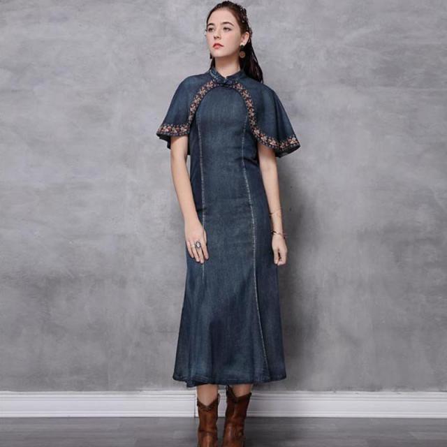 デニムワンピース コーデ 40代 ドレス レトロ 刺繍 チャイナ風ワンピース マキシ デニム ワンピース ノースリーブ チャイナ エスニック Www Conanca Org