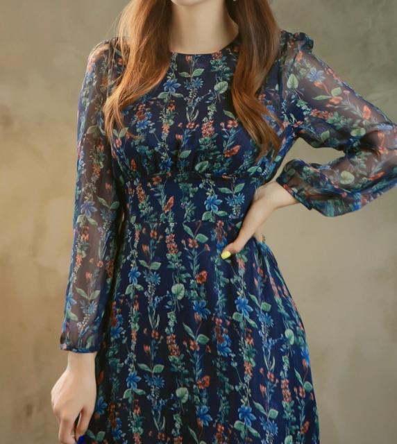 送料無料 ワンピース フレア ミディ丈 ミモレ丈 ボタニカル柄 透け感 長袖 ハイウエスト切り替え ネイビー フェミニン エレガント シックの通販はau Wowma ワウマ Uselect 商品ロットナンバー