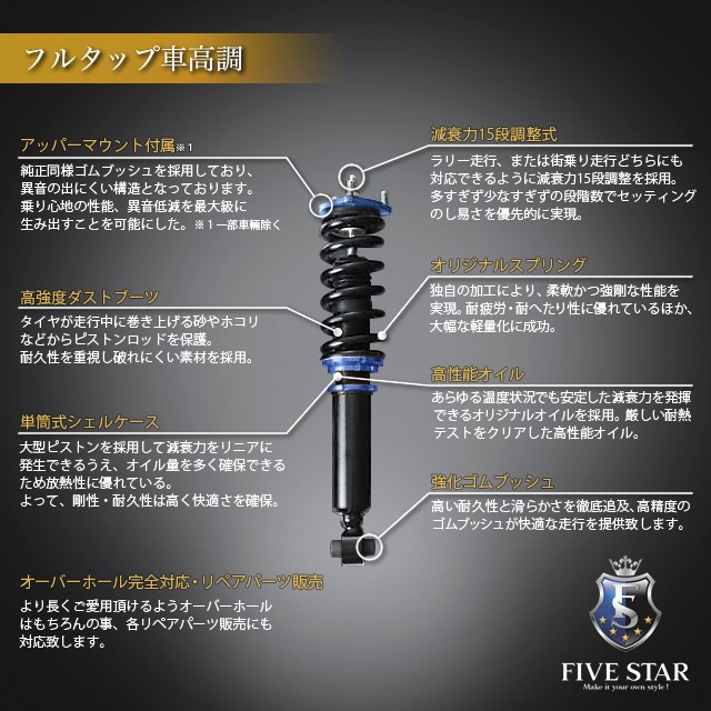 日産 50 フーガ Gy50 後期 車高調 Five Star Sシリーズ 日本製 フルタップ式 減衰力調整付 保証の通販はau Wowma ワウマ Five Star 商品ロットナンバー