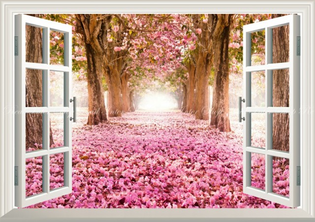 絵画風 壁紙ポスター  さくら並木 鮮やかな桜の絨毯 サクラ 並木道 ピンク 花びら絨毯 【窓仕様】 FSKR-024MA2 （A2版 594mm×420mm）