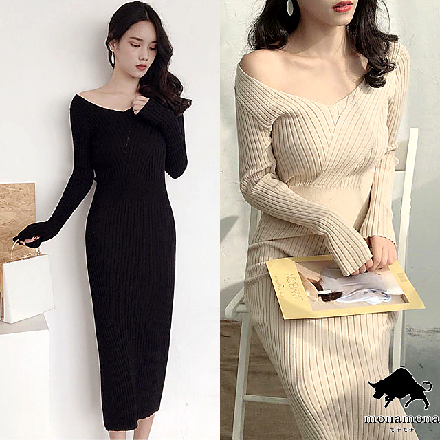 即納 Vネック ロング ニット リブニット ニットワンピ マキシワンピ レディース ニットワンピース ワンピース セーター ストレッチの通販はau Wowma ワウマ Monamona 商品ロットナンバー