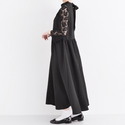 国内正規品 限定 ラスト3点 スタンドカラー デコルテ レース ロング丈 バッグリボン ワンピース 袖口フレアスリーブ フリーサイズ Merlot Plus メール便全国送料無料 Www Songtainews Net