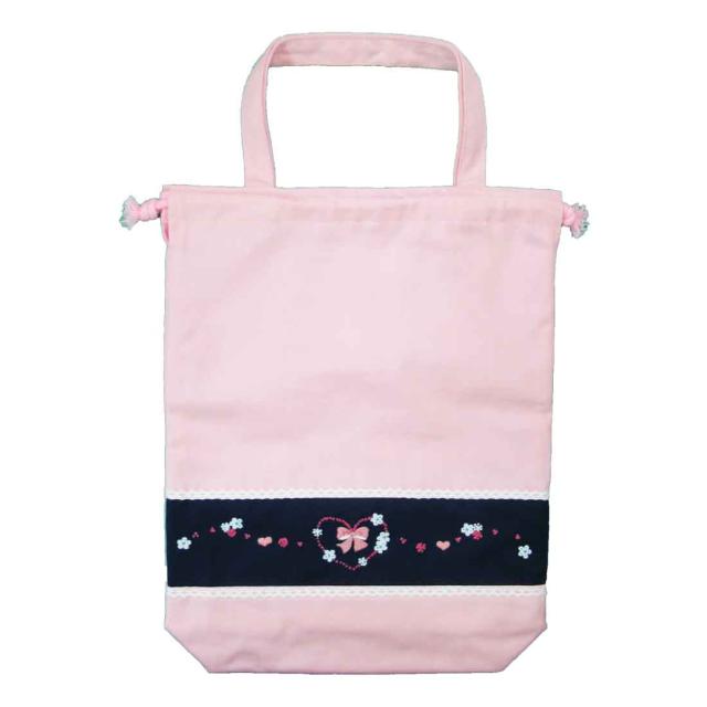海外最新 持ち手付き巾着袋 ピンクハートリボン柄 ジョリコムアンクール製 巾着 体操着入れ 体操服入れ お着替え袋 入園 入学 通園 通学 小学校 超目玉 期間限定 Centrodeladultomayor Com Uy